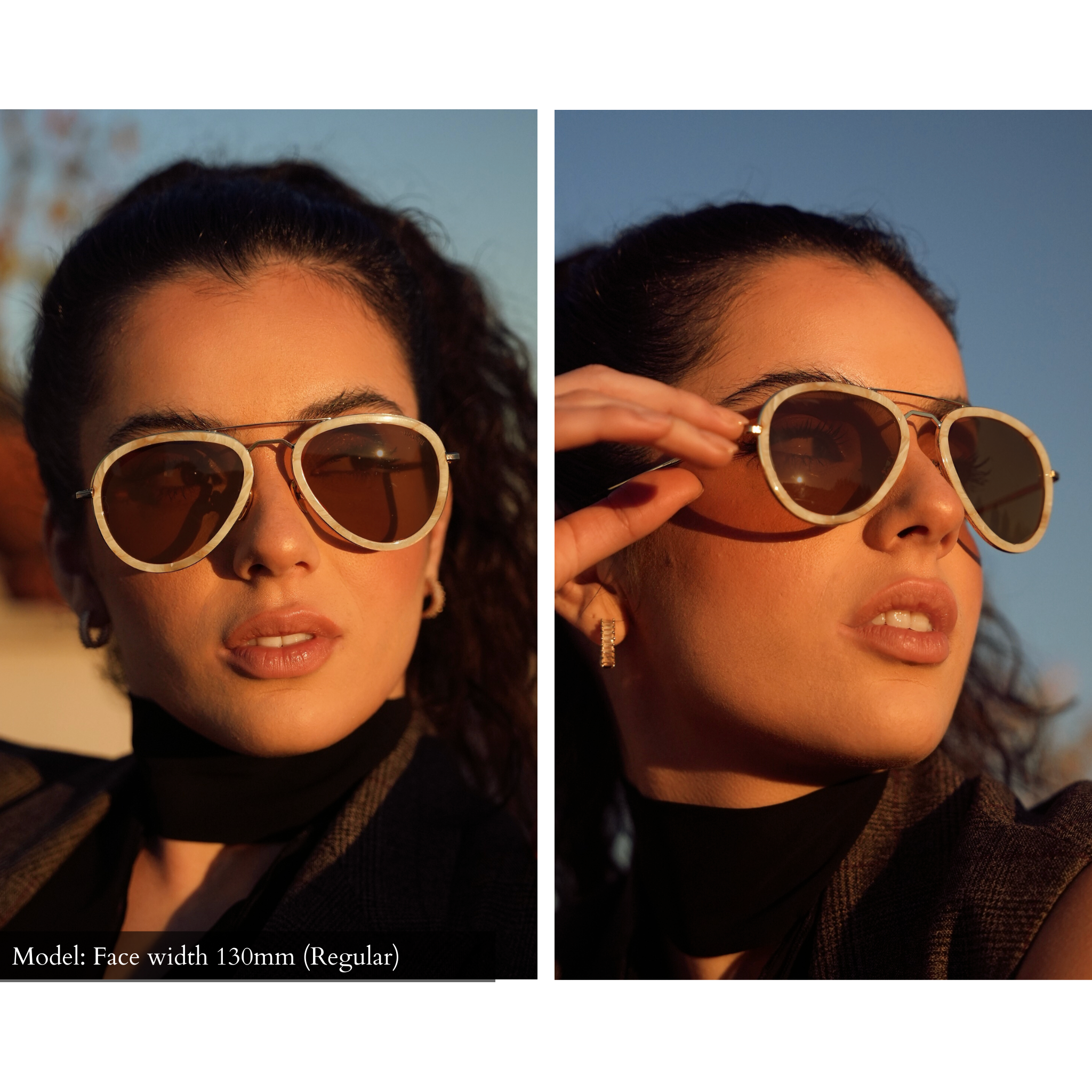 Womans small fit aviator sunglasses in gold with white mazzucchelli acetate sheaths around lenses. Side by side image shows front and side view. 