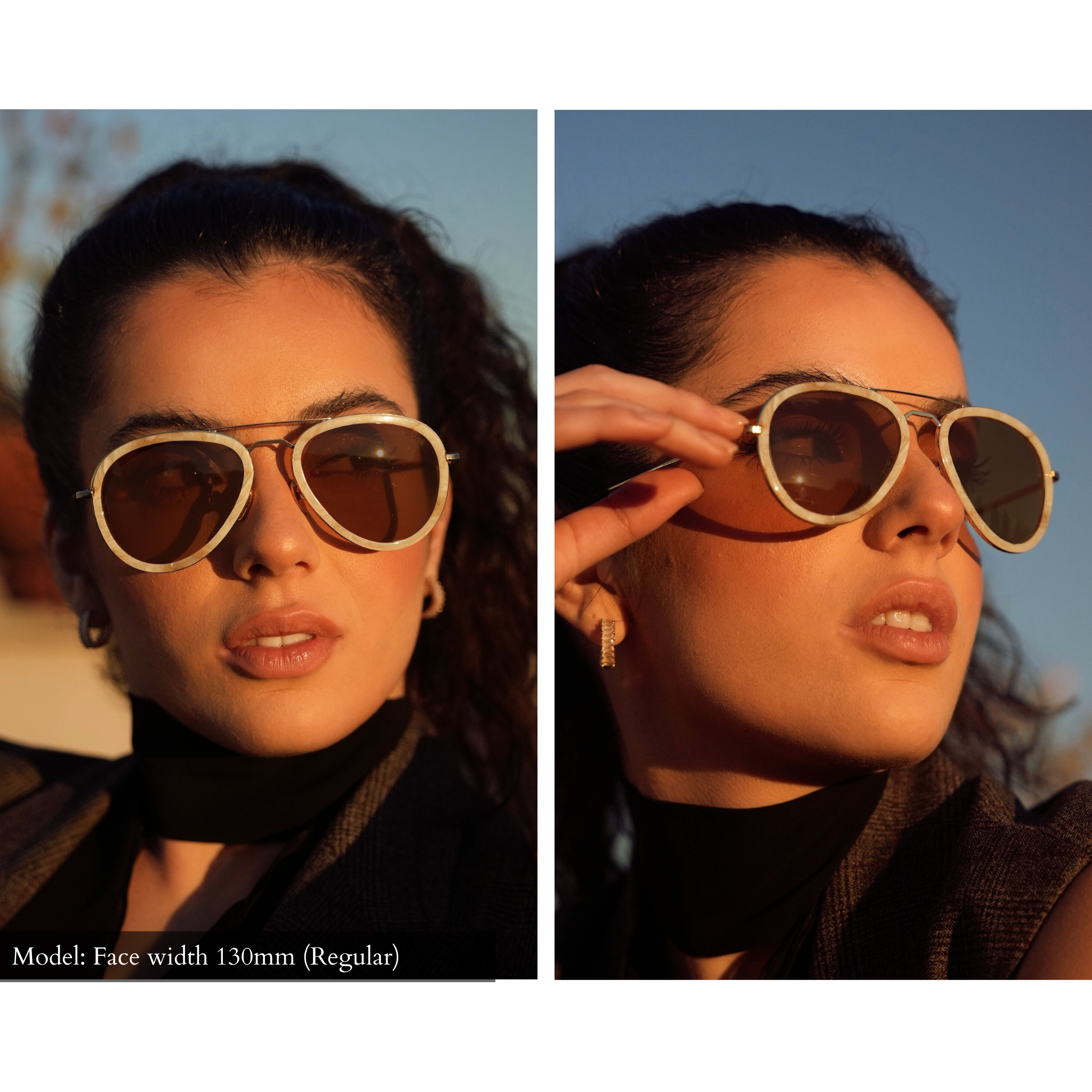 Womans small fit aviator sunglasses in gold with white mazzucchelli acetate sheaths around lenses. Side by side image shows front and side view.