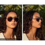 Woman's small polarized aviator sunlgasses in silver for small faces, modeled side by side to see front and side view on narrow face