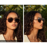 Woman's small polarized aviator sunlgasses in silver for small faces, modeled side by side to see front and side view on narrow face