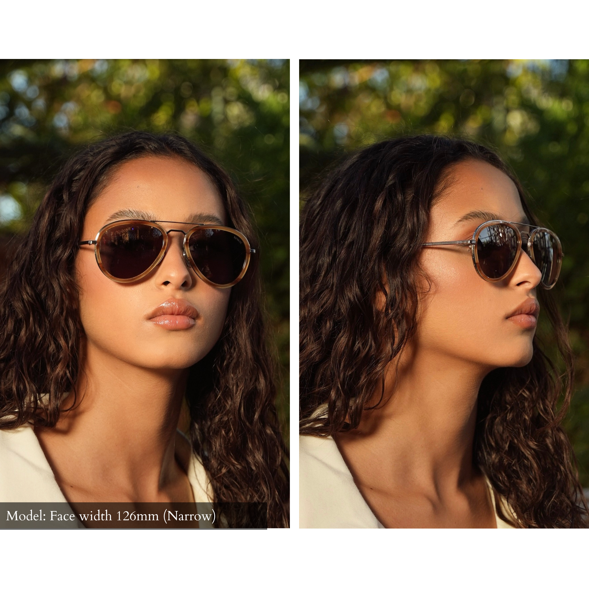 Womans small aviator sunglasses for petite faces side by side comparison on model with narrow width face