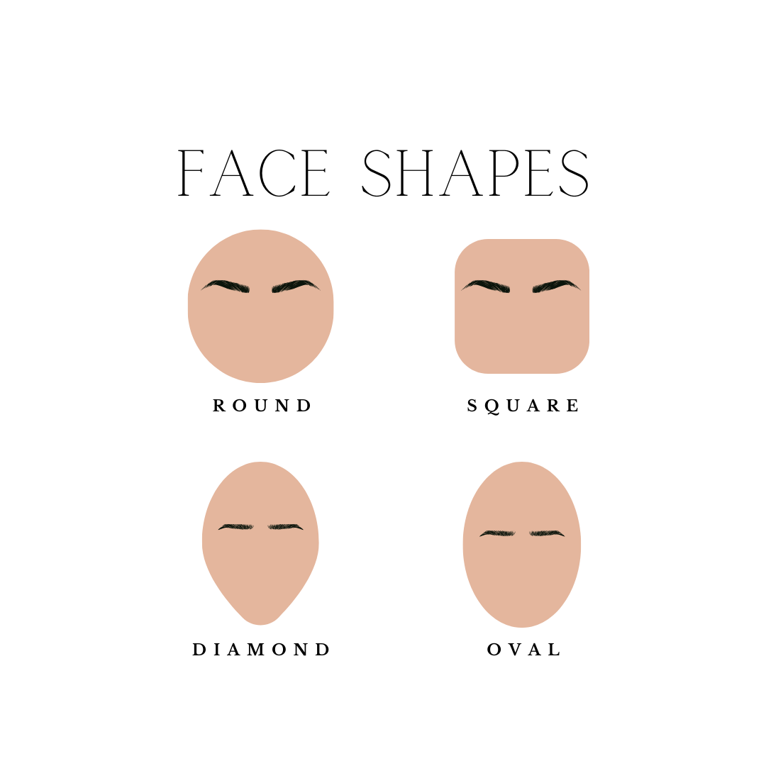 silhouettes of 4 face shapes (round, square, diamond, and oval). 