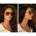 Woman wearing Memori Framed Aviator sunglasses photographed from two angles.