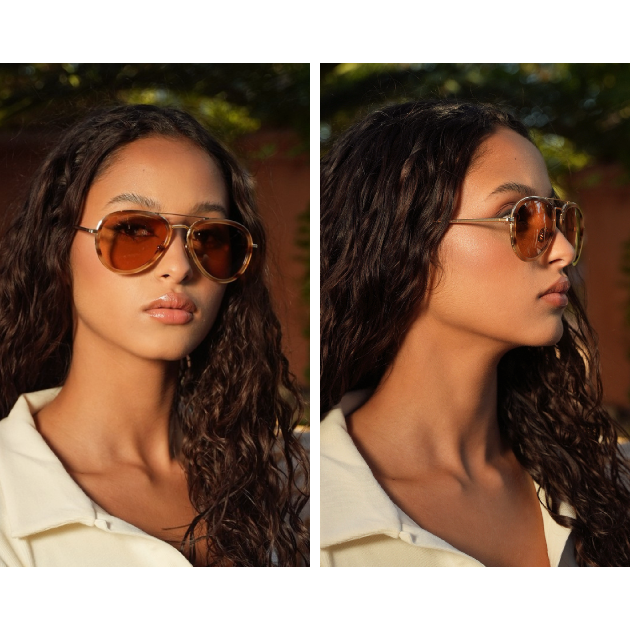 Woman wearing Memori Framed Aviator sunglasses photographed from two angles.