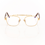 Gold-framed eyeglasses on a white background. Brown tortoise temple arms made of acetate with transparent lenses. 