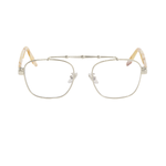 Pair of eyeglasses with beige marbled arms and a silver frame on solid white background. Top bar has sculptural details.