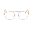 Pair of eyeglasses with beige marbled arms and a silver frame on solid white background. Top bar has sculptural details.