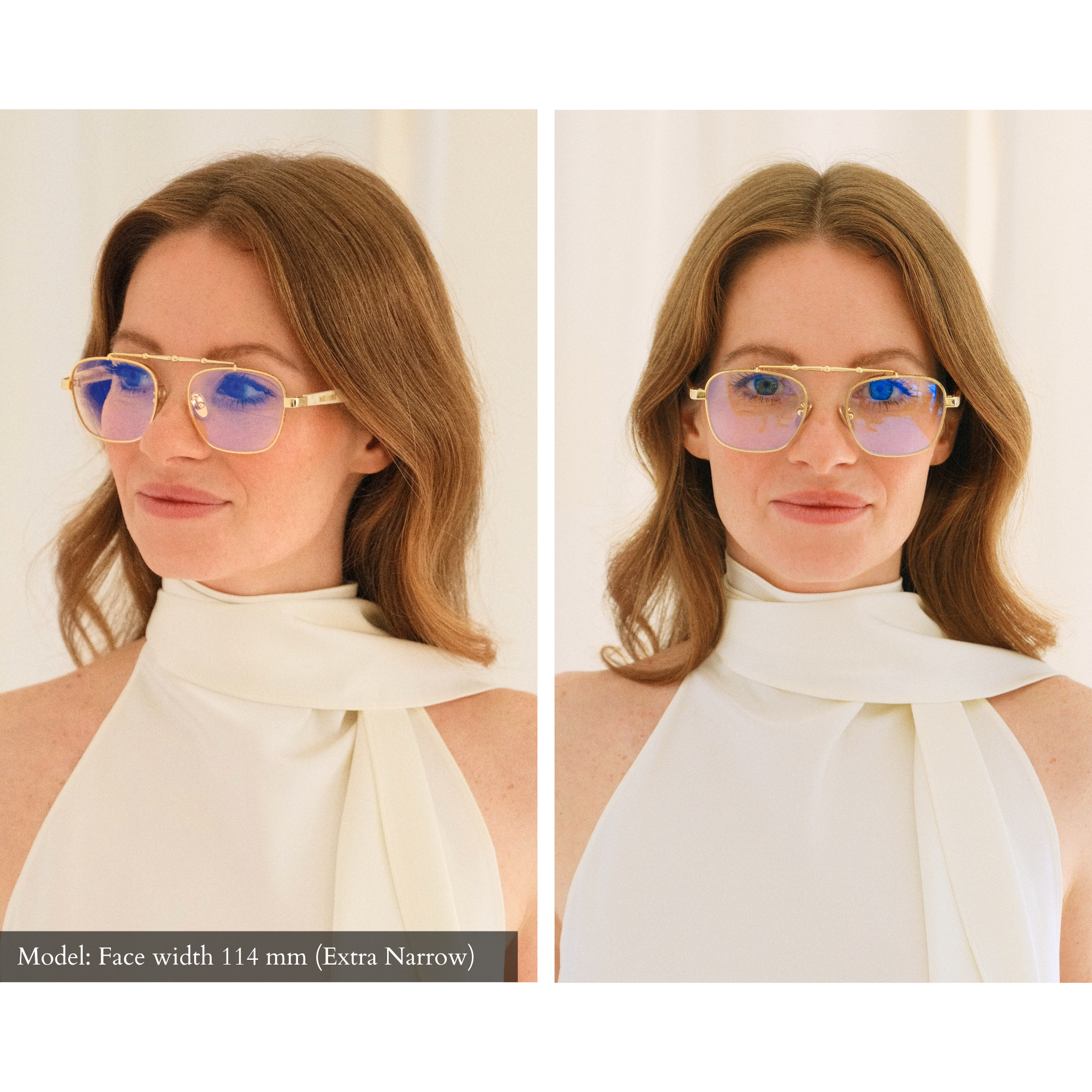 Side-by-side comparison of a woman with a 114mm (extra narrow) facial width wearing gold rimmed glasses with transparent lenses and white temple arms on white background. They fit her perfectly. 