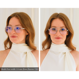 Two photos of the same woman side by side at two different angles wearing memori balaustra aviator blue light blocking glasses. Lenses are transparent, there is a siver sculptural horizontal top bar, and the temple arms are white. Model has a 114mm temple to temple facial width (extra narrow/xs face shape) and these glasses fit her perfectly and look great. 