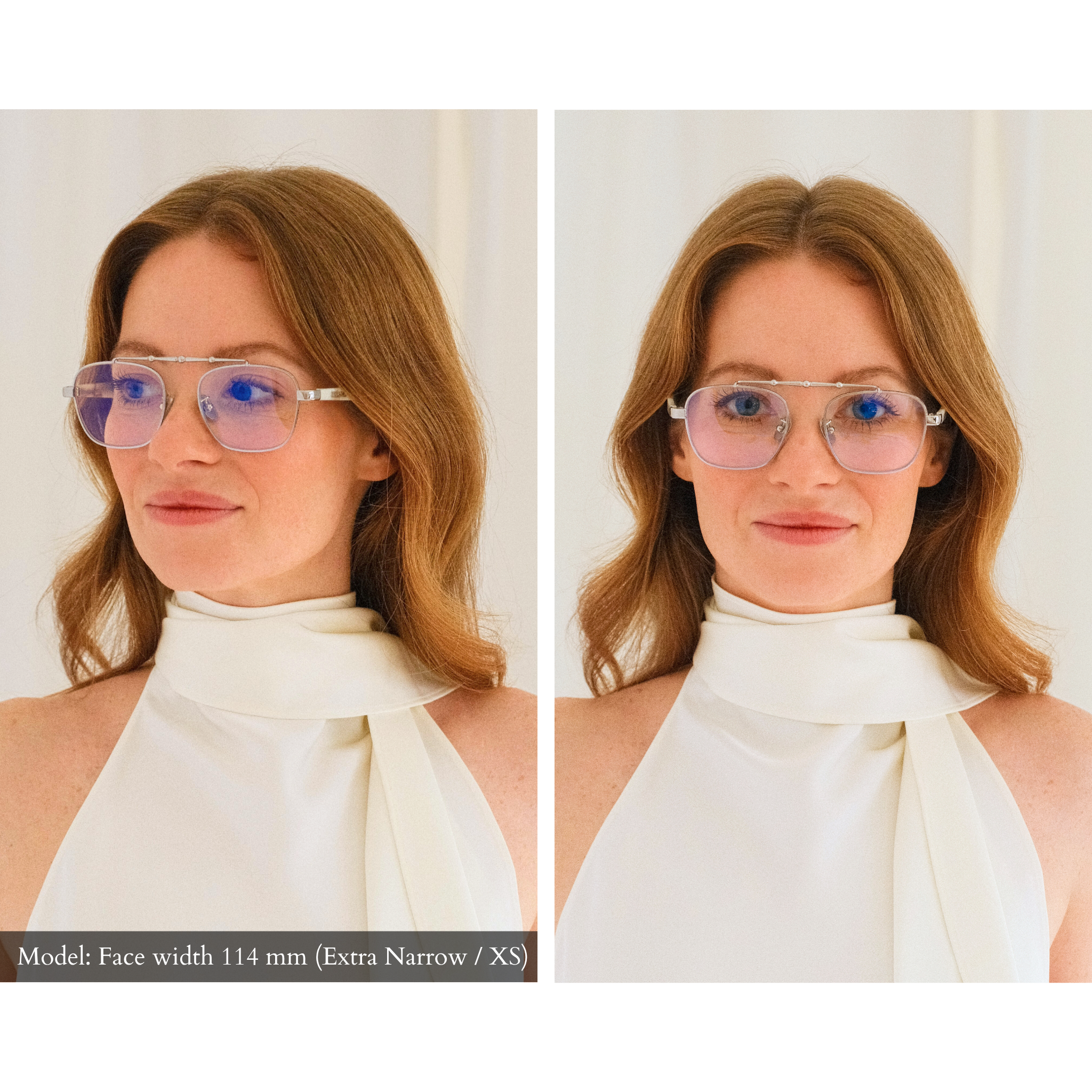 Two photos of the same woman side by side at two different angles wearing memori balaustra aviator blue light blocking glasses. Lenses are transparent, there is a siver sculptural horizontal top bar, and the temple arms are white. Model has a 114mm temple to temple facial width (extra narrow/xs face shape) and these glasses fit her perfectly and look great. 