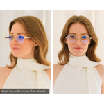 Side-by-side comparison of the same model in two different poses wearing the balaustra aviator blue light blocking frame. Lenses are transparent, and the gold frame has a sculptural horizontal top bar. Model has an extra narrow 114mm wide face shape and these frames fit her perfectly. 