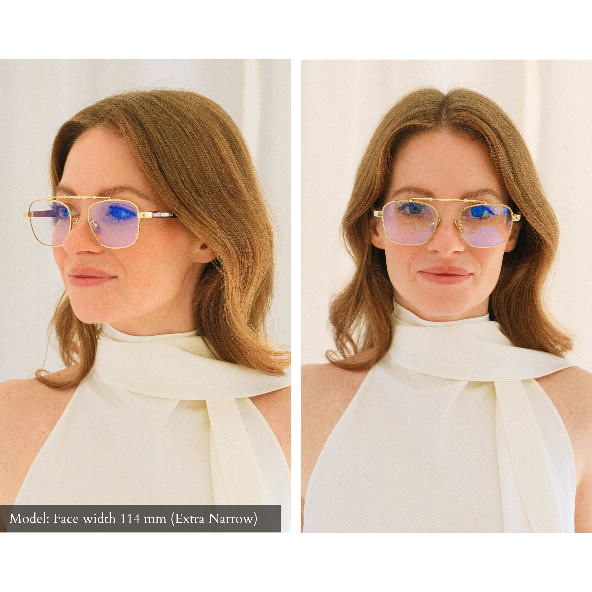 Side-by-side comparison of the same model in two different poses wearing the balaustra aviator blue light blocking frame. Lenses are transparent, and the gold frame has a sculptural horizontal top bar. Model has an extra narrow 114mm wide face shape and these frames fit her perfectly. 