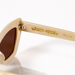 cat eye sunglasses small fit for small faces ivory brown lens internal view of OBE 5-joint hinge and laurel gold foil detailing