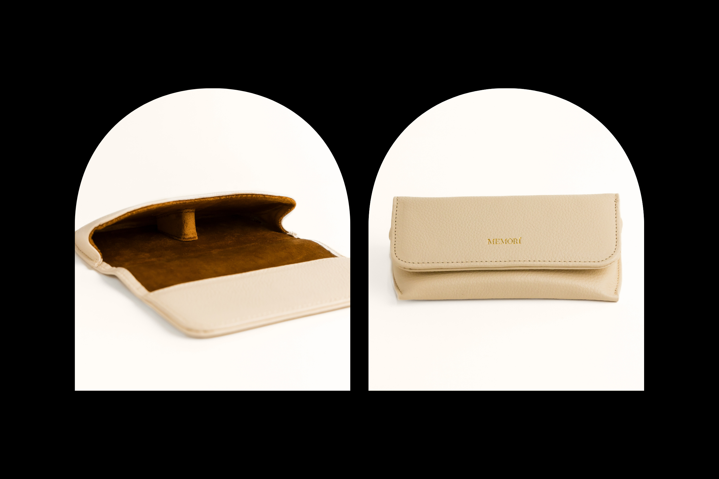 Two images of the memori eyewear leather sunglass case included with purchase. left image of the internal brown velvet lining and internal structure to prevent case from getting crushed. Second photo of the closed case with gold foil embossed "Memori" logo on the center flap. 