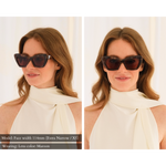 two angles of the same model who has a facial width of 114mm (extra narrow / xs face shape) wearing memori maroon marble cat eyes with maroon lenses. They fit her very well from both angles, front and 3/4, as they were designed for smaller face shapes like hers. 