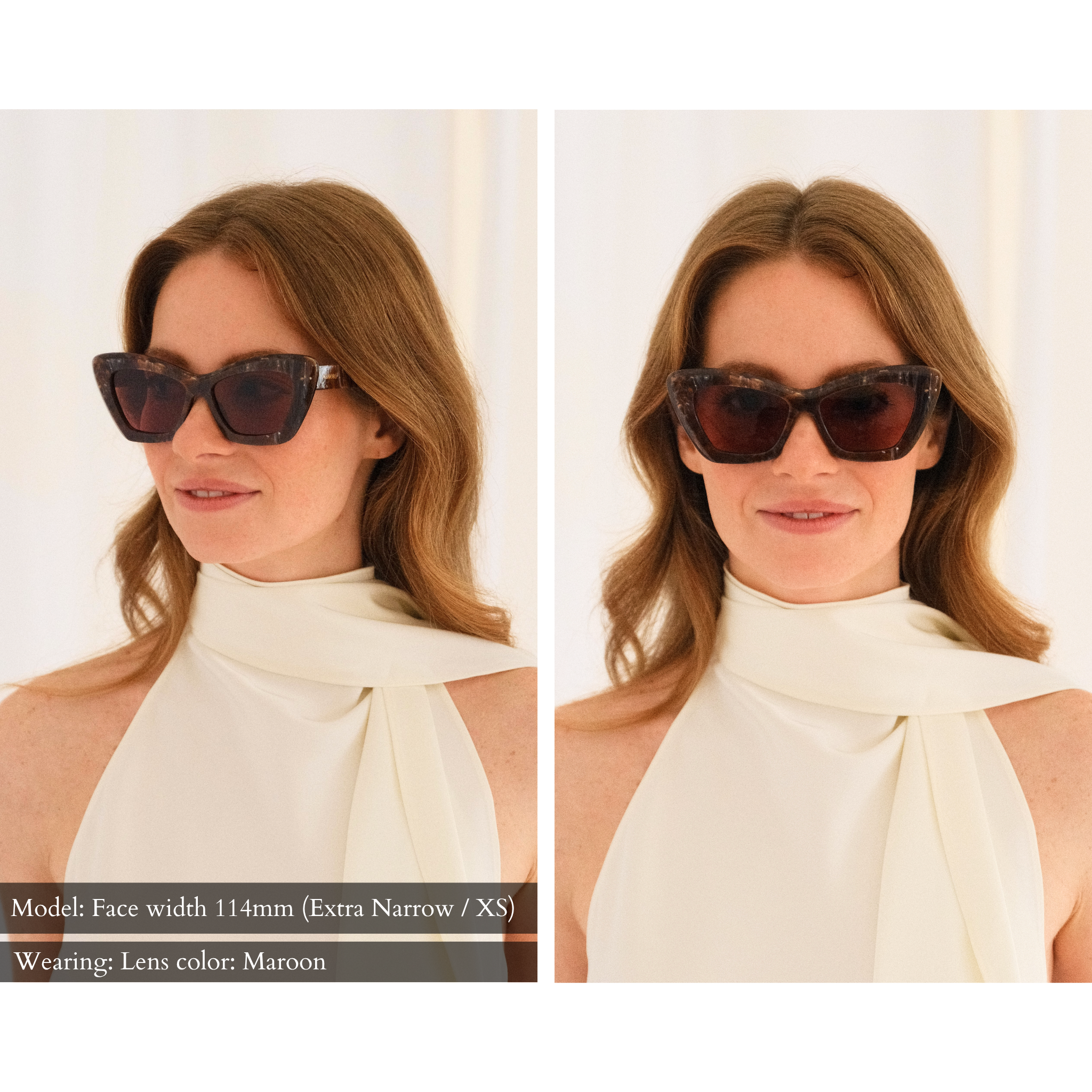 two angles of the same model who has a facial width of 114mm (extra narrow / xs face shape) wearing memori maroon marble cat eyes with maroon lenses. They fit her very well from both angles, front and 3/4, as they were designed for smaller face shapes like hers. 
