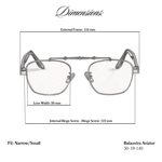 Sketch of Balaustra Aviator narrow fit blue light glasses on white background. Labels on image depict lens width of 50mm, internal frame measurement of 122mm from hinge screw to hinge screw, and total external measurement of 134mm. These dimensions are smaller than industry standard fit and designed to fit smaller face shapes. 