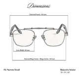 Sketch of Balaustra Aviator narrow fit blue light glasses on white background. Labels on image depict lens width of 50mm, internal frame measurement of 122mm from hinge screw to hinge screw, and total external measurement of 134mm. These dimensions are smaller than industry standard fit and designed to fit smaller face shapes. 