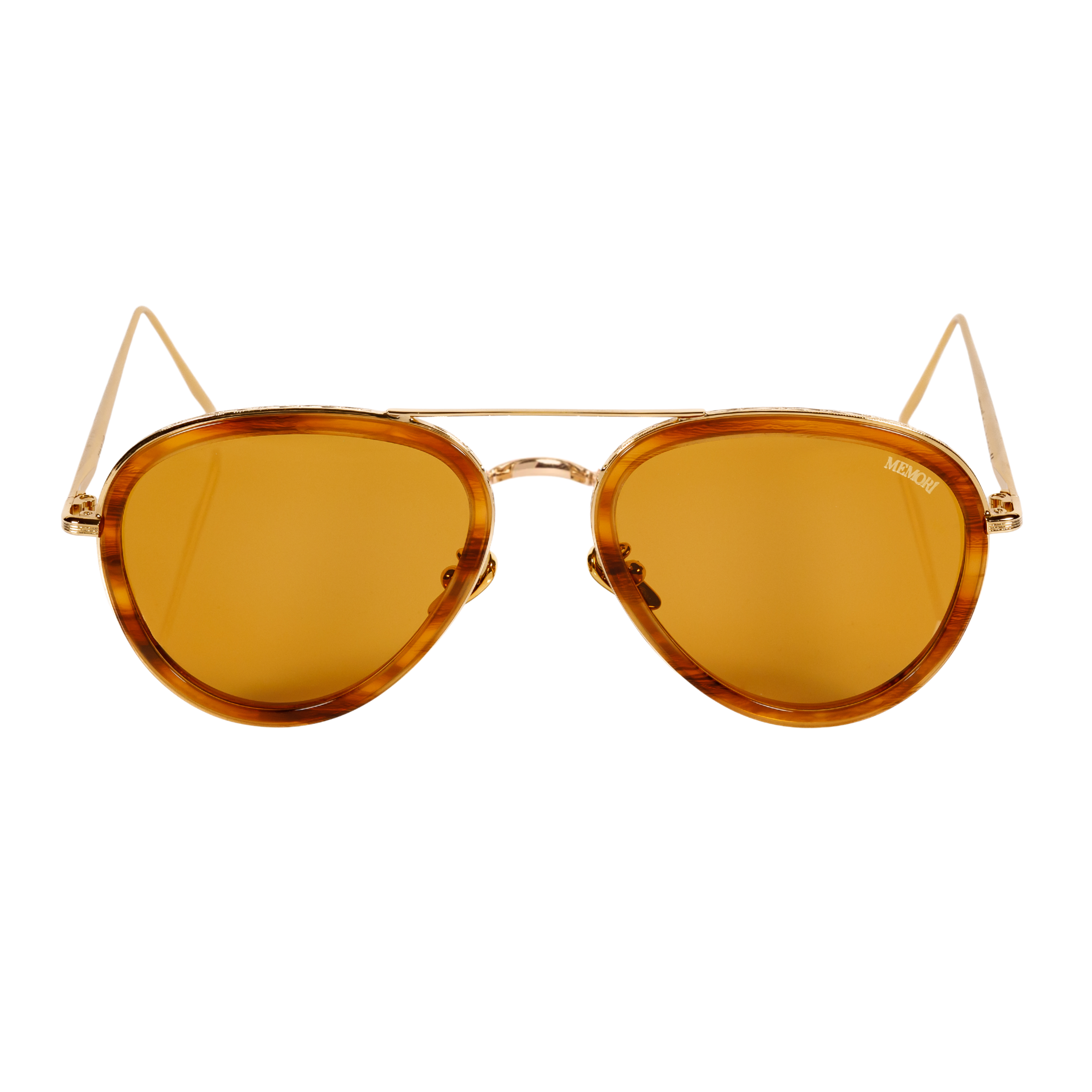 Aviator silhouette sunglasses photographed from the front on a white background. Gold frame with 70s inspired golden lenses, and tortoise acetate sheaths surrounding the lens.