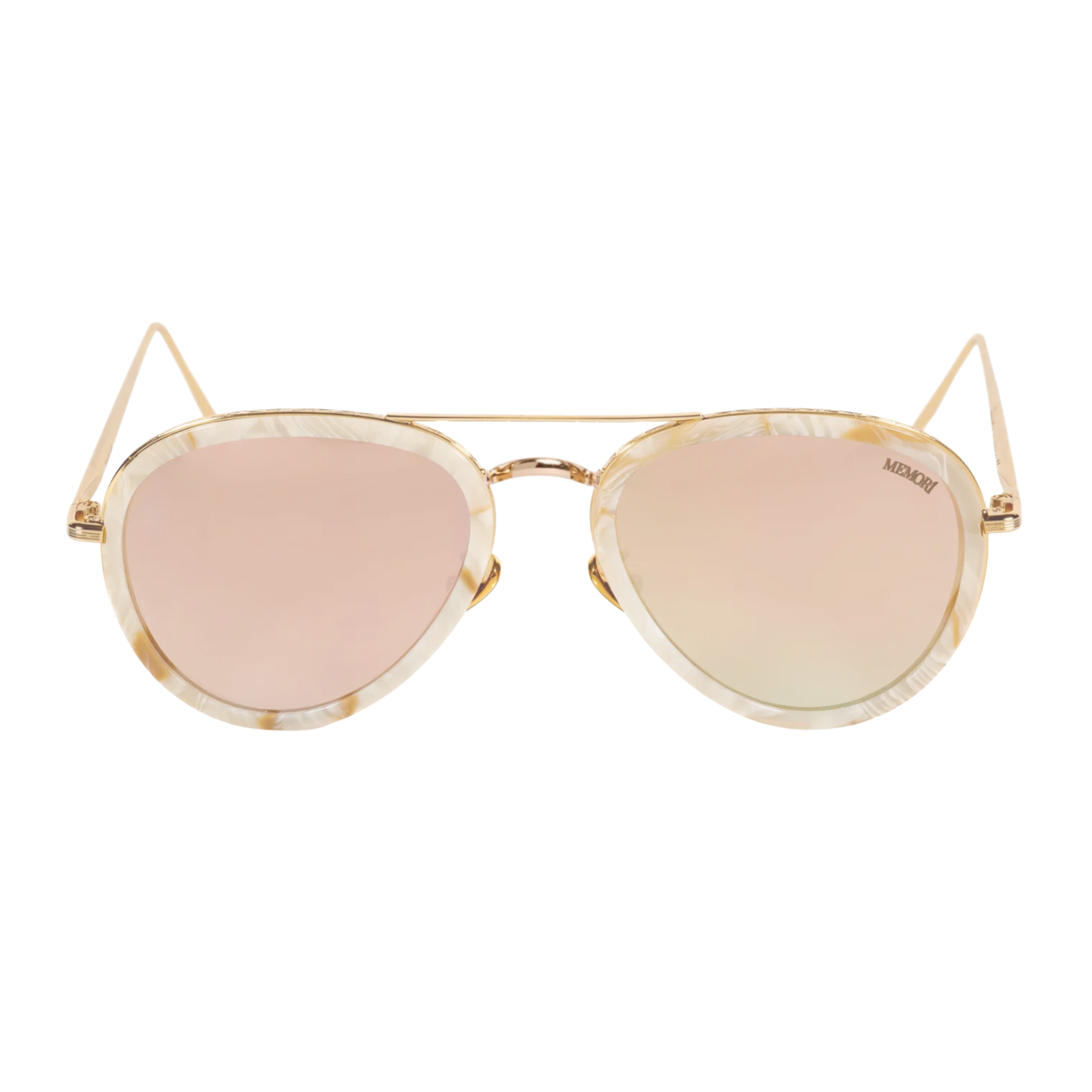 Sunglasses photographed from the front on a  white background. Ivory marbled acetate sheaths surround mirrored lenses. 