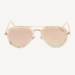 Forward view of aviator silhouette sunglasses on a white background. Lenses are a reflective mirror finish, frame is gold, and there are acetate sheaths surrounding the lenses and at the temple tips in a marbled ivory color.