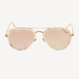 Forward view of aviator silhouette sunglasses on a white background. Lenses are a reflective mirror finish, frame is gold, and there are acetate sheaths surrounding the lenses and at the temple tips in a marbled ivory color.