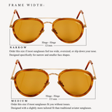 Diagram of two frame width size options for these sunglases: Size narrow, 121mm, order this size if most sunglasses feel too wide, oversized, or slip down our nose. specifically designed for narrow and smaller face shapes. And size Medium, 133mm, order this size if most sunglasses fit you without issues. designed with a slightly more tailored fit than a traditional aviator sunglass.