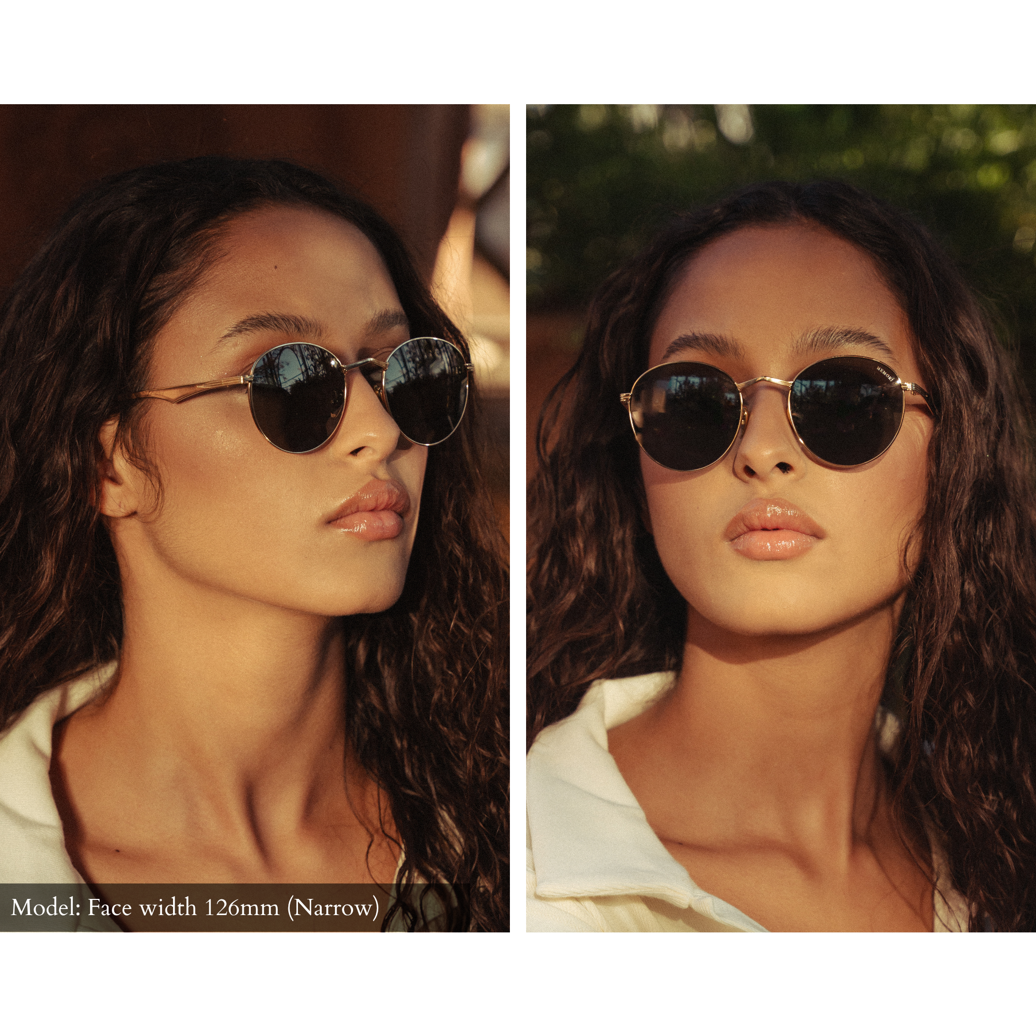 side-by-side of woman wearing gold framed sunglasses with round lenses from two angles: front and 3/4. Model face width: 126mm (Narrow)