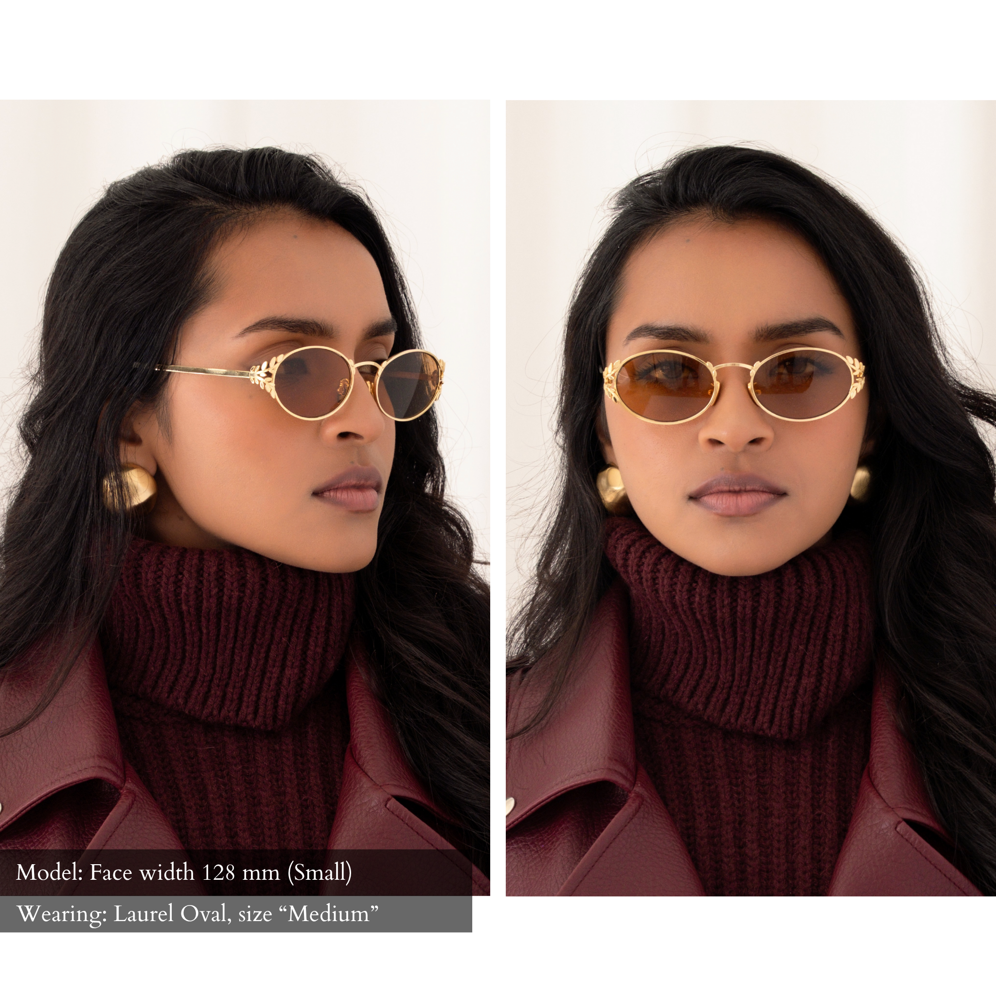 Side-by-side of a woman with a small face shape wearing the medium size of the laurel oval sunglasses. One view looking forward, one view looking to the side, exposing the intricate leaf blinder details on the external rims of the lenses. 