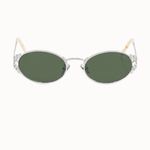 Sunglasses with green lenses and thin silver metal frame on a white background. silver leaf details in the metal are present at the nose bridge and at the external sides. 
