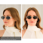 Side-By-Side photo of a woman with a small face shape wearing the Laurel Oval sunglasses in silver, size narrow. The green lenses are dark and almost appear gray on the face. One view is facing forward, one view looking to the side, exposing the intricate metal leaf blinder details on the external rim of the glasses. Model has a 114mm facial width (extra narrow/xs face shape) and the size narrow fits her perfectly