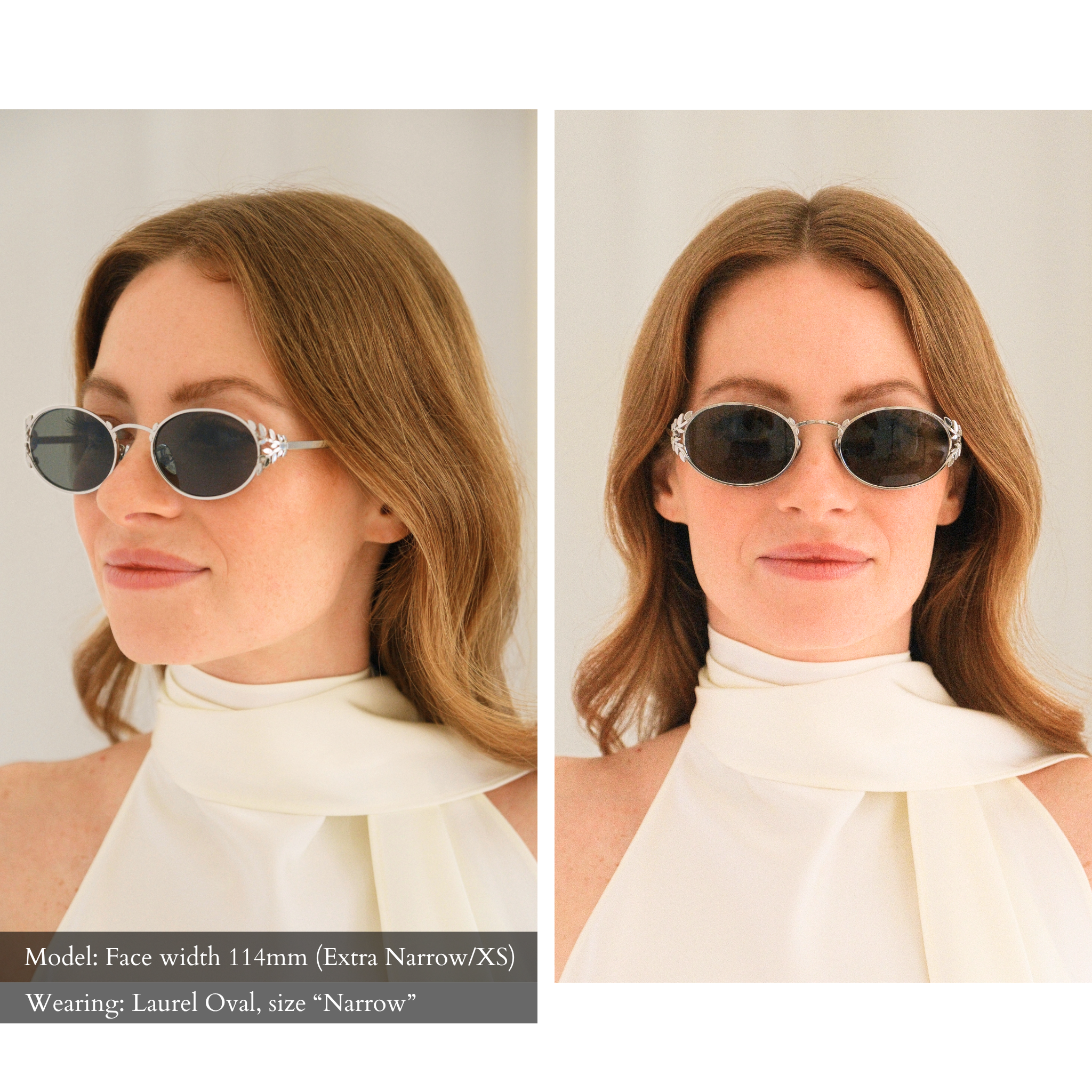 Side-By-Side photo of a woman with a small face shape wearing the Laurel Oval sunglasses in silver, size narrow. The green lenses are dark and almost appear gray on the face. One view is facing forward, one view looking to the side, exposing the intricate metal leaf blinder details on the external rim of the glasses. Model has a 114mm facial width (extra narrow/xs face shape) and the size narrow fits her perfectly