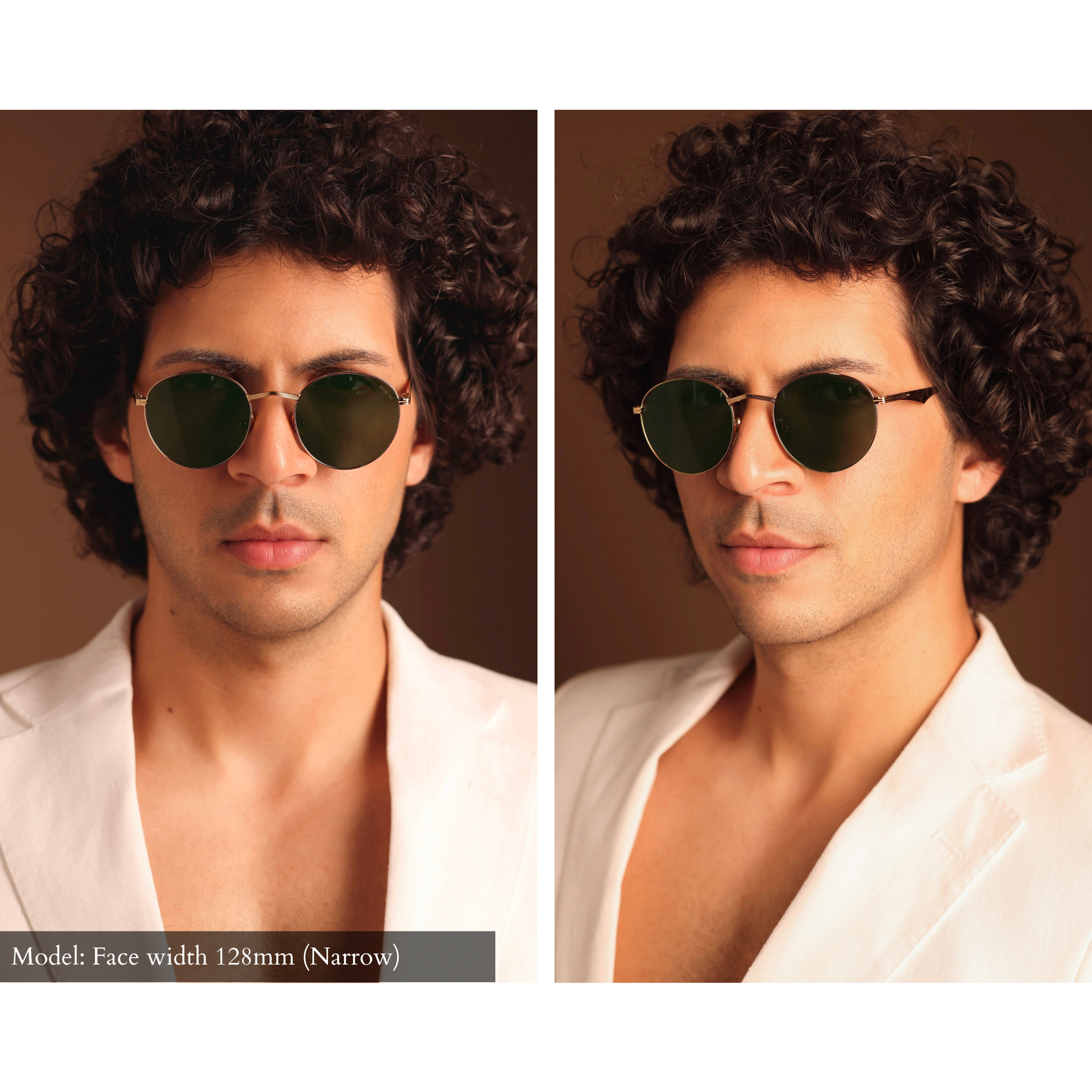 side-by-side photo of a male model wearing gold round sunglasses at two angles: forward and 3/4. Model face width: 128mm. Glasses fit his narrow face very well. 