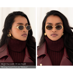 Side-By-Side photo of a woman with a small face shape wearing the Laurel Oval sunglasses in gold, size medium. The warm brown lenses are dark and we cannot easily see her eye. One view is facing forward, one view looking to the side, exposing the intricate metal leaf blinder details on the external rim of the glasses.