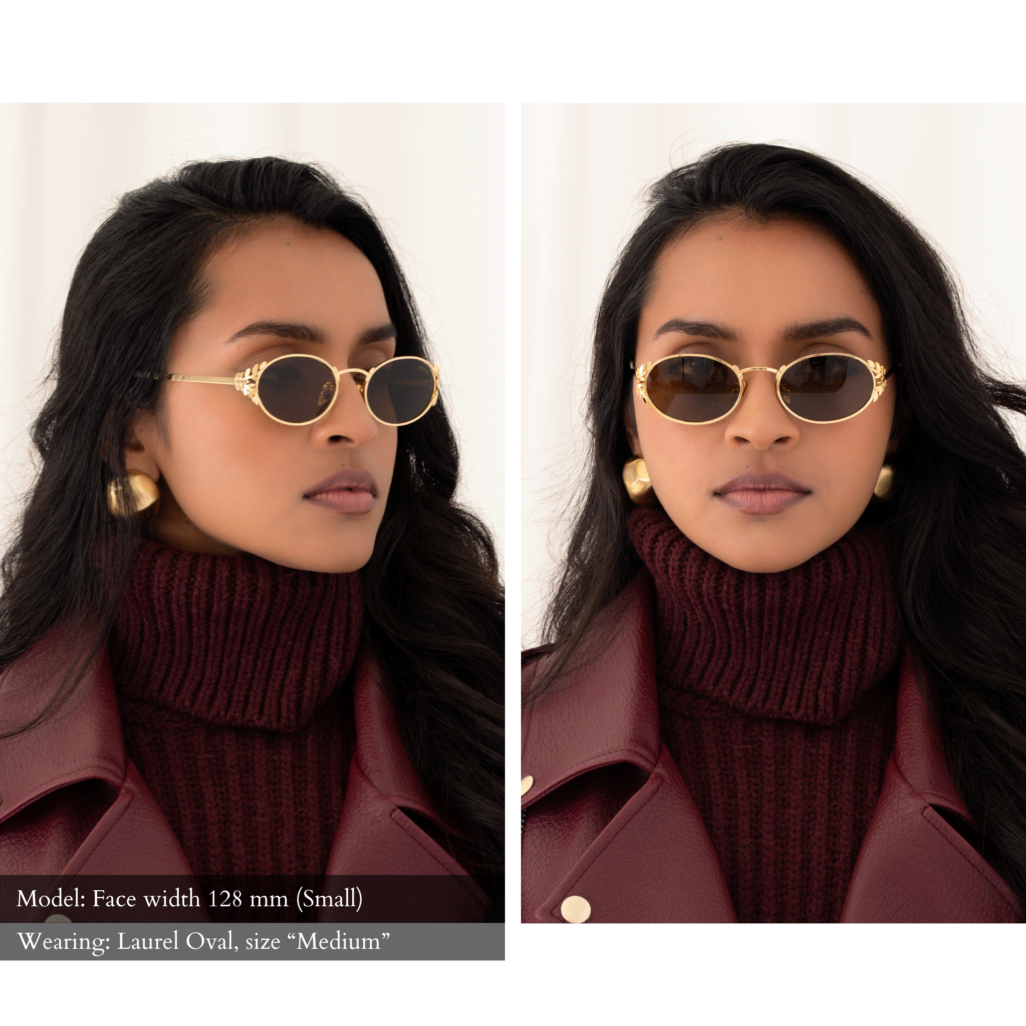 Side-By-Side photo of a woman with a small face shape wearing the Laurel Oval sunglasses in gold, size medium. The warm brown lenses are dark and we cannot easily see her eye. One view is facing forward, one view looking to the side, exposing the intricate metal leaf blinder details on the external rim of the glasses.