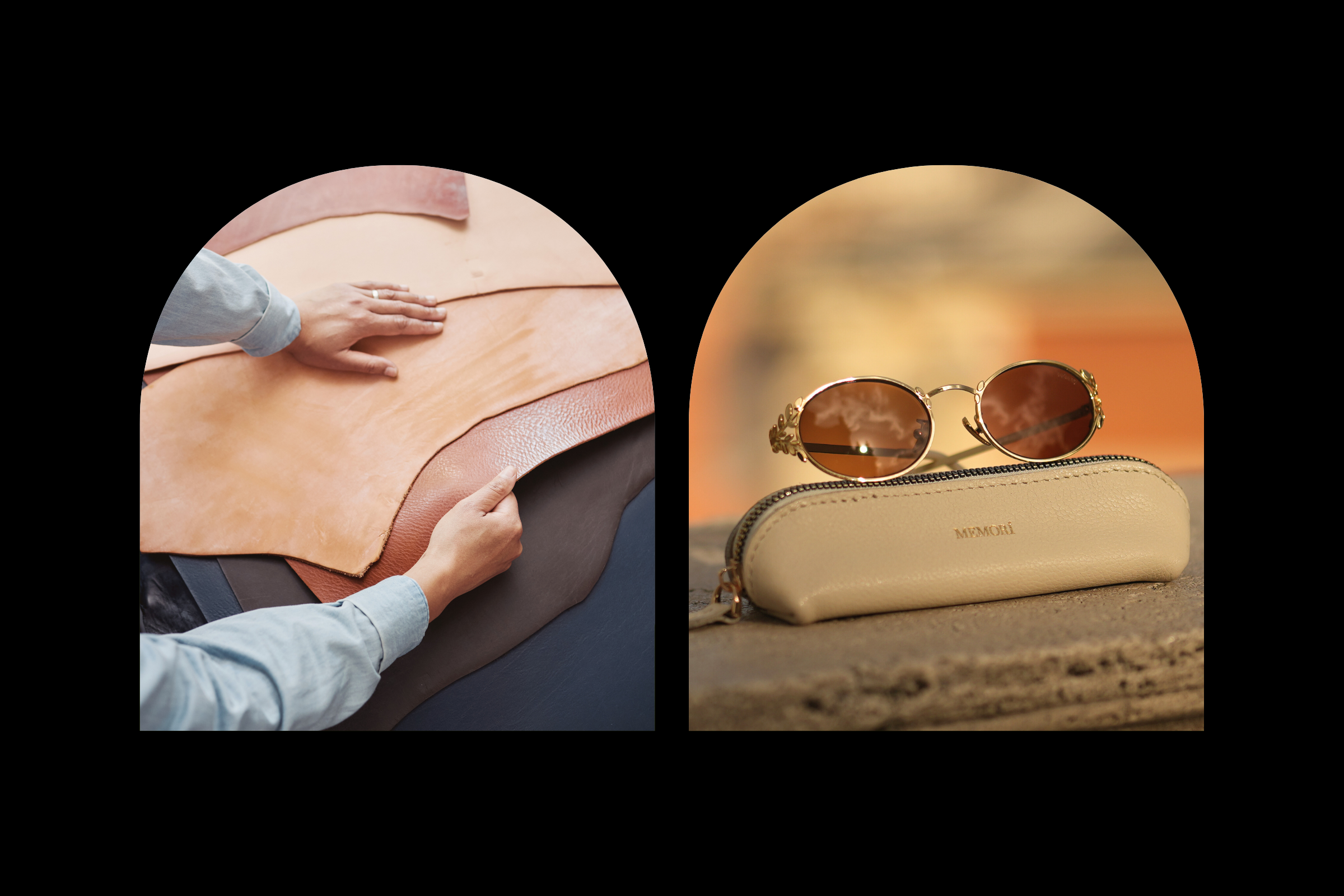 Two photos: One of a craftsman working with various hides of leather in a workshop. The second photo of Memori laurel oval sunglasses propped up on the protective white leather zip case that they come with. 