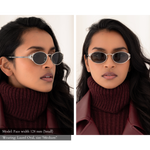 Side-By-Side photo of a woman with a small face shape wearing the Laurel Oval sunglasses in silver, size medium. The green lenses are dark and almost appear gray on the face. One view is facing forward, one view looking to the side, exposing the intricate metal leaf blinder details on the external rim of the glasses.