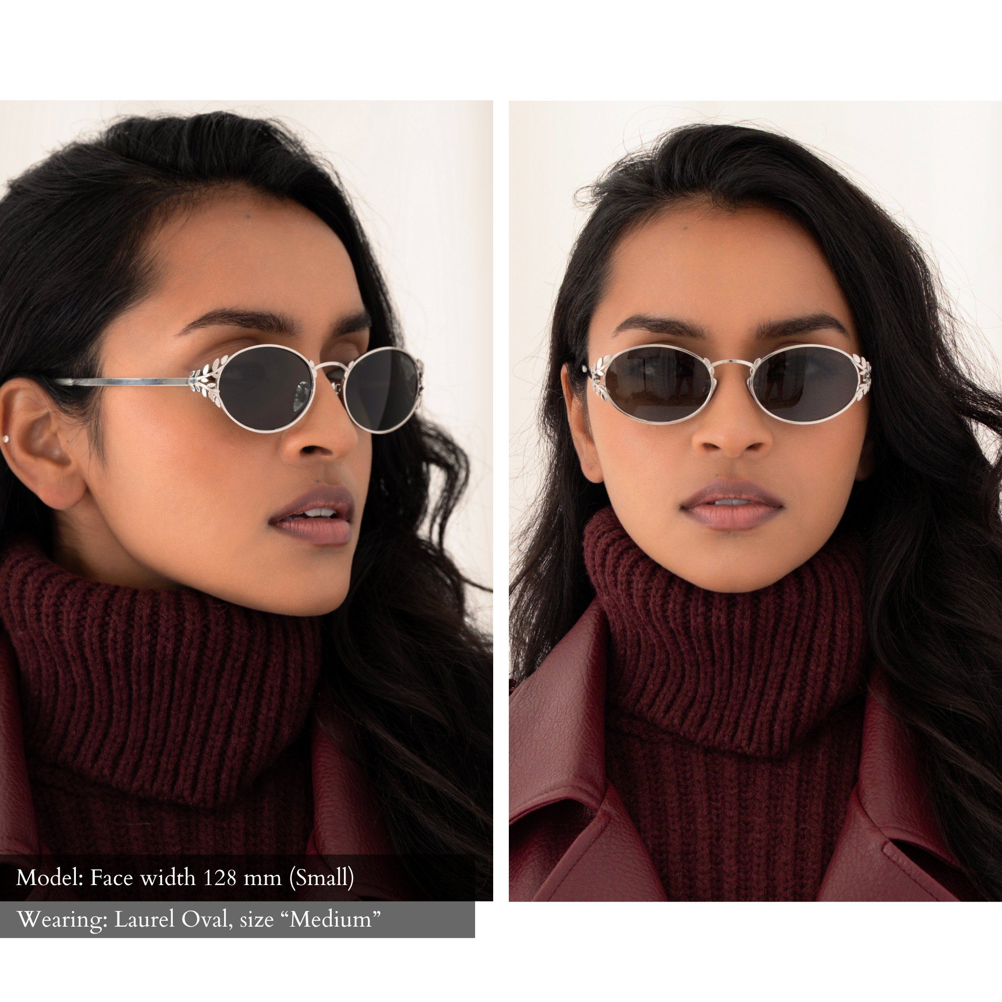 Side-By-Side photo of a woman with a small face shape wearing the Laurel Oval sunglasses in silver, size medium. The green lenses are dark and almost appear gray on the face. One view is facing forward, one view looking to the side, exposing the intricate metal leaf blinder details on the external rim of the glasses.
