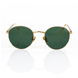 gold metal framed sunglasses with green lenses and a round lens shape on a white background. 