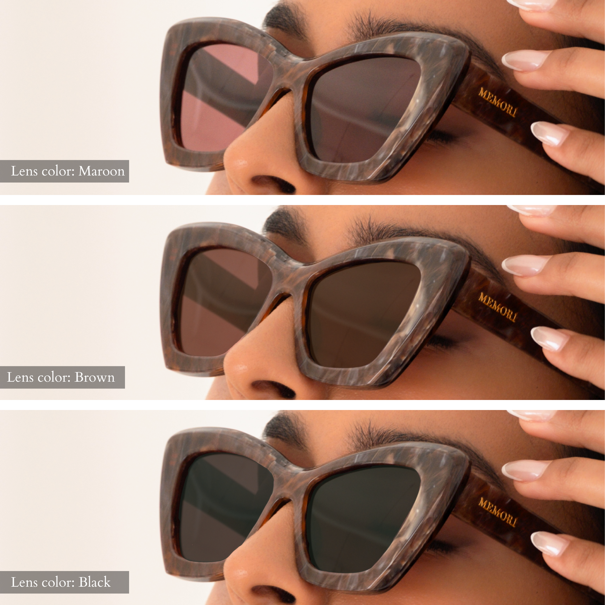 Comparison of three lens options: Maroon (top) vs. Brown (middle) vs. Black (bottom)  in the same maroon marbled frame. The brown lenses are slightly darker and appear to let less light through than the maroon. Black is the darkest and blocks the most light. Gold "Memorí" logo is also visible on the temple arm. 
