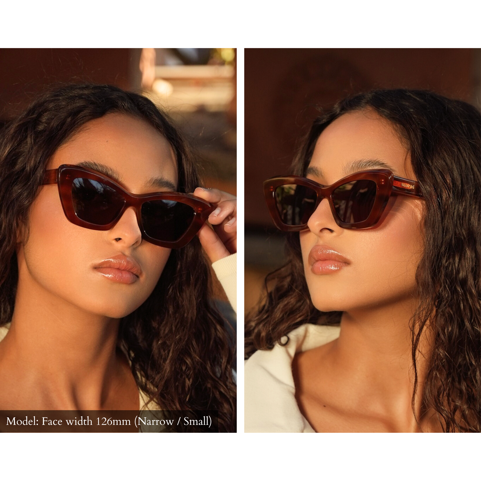 Tortoise pattern cellulose acetate sunglasses pictured on model with narrow face. Sunglasses fit her perfectly and are displayed from two angles. Lenses are dark brown, the model's eyes are not visible through the lenses in the photo. 