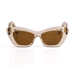 Semi-transparent Acetate sunglasses in a gray crystal color with brown lenses and a cat-eye inspired silhouette on a white background. 