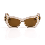Semi-transparent Acetate sunglasses in a gray crystal color with brown lenses and a cat-eye inspired silhouette on a white background. 