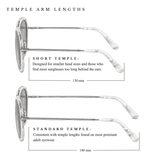 Diagram showing short temple arm (130mm) vs. Standard temple arm (140mm). Short temple: designed for smaller head sizes and those who find most sunglasses too long behind the ears. Standard temple: Comparable to the temple length found on most premium adult eyewear.