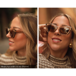 side-by-side image of a woman with a 126mm (narrow) face width wearing memori cat eye sungalsses in smoked crystal frame color with brown lenses. Left photo shows the side view, where the "Memorí" Logo is visible in gold on the external temple arm along with an intricate gold leaf design detail. Right image is a forward facing view which better shows the beveled side details and the transparency of the acetate frame material. 