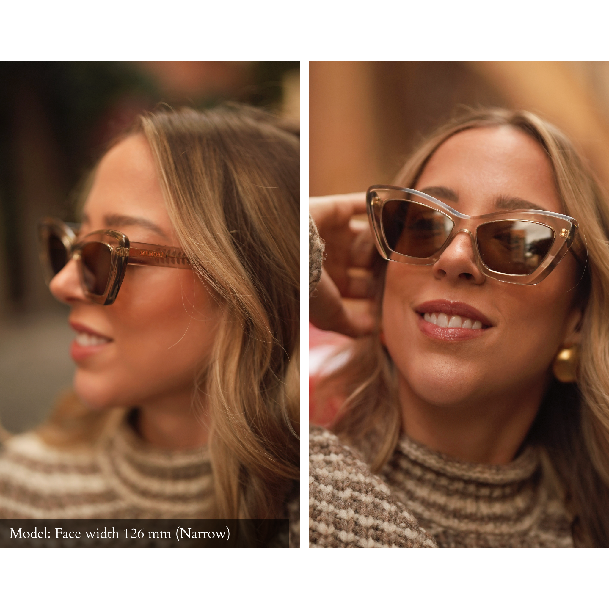side-by-side image of a woman with a 126mm (narrow) face width wearing memori cat eye sungalsses in smoked crystal frame color with brown lenses. Left photo shows the side view, where the "Memorí" Logo is visible in gold on the external temple arm along with an intricate gold leaf design detail. Right image is a forward facing view which better shows the beveled side details and the transparency of the acetate frame material. 