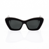 Black cat eye sunglasses for women - view shown from the front. Features a sleek, curved top with square bottoms, kind of like a cat eye sunglass and a wayfarer hybrid. Materials are black Italian acetate with dark gray lenses, which appear black to the eye in most light conditions. 
