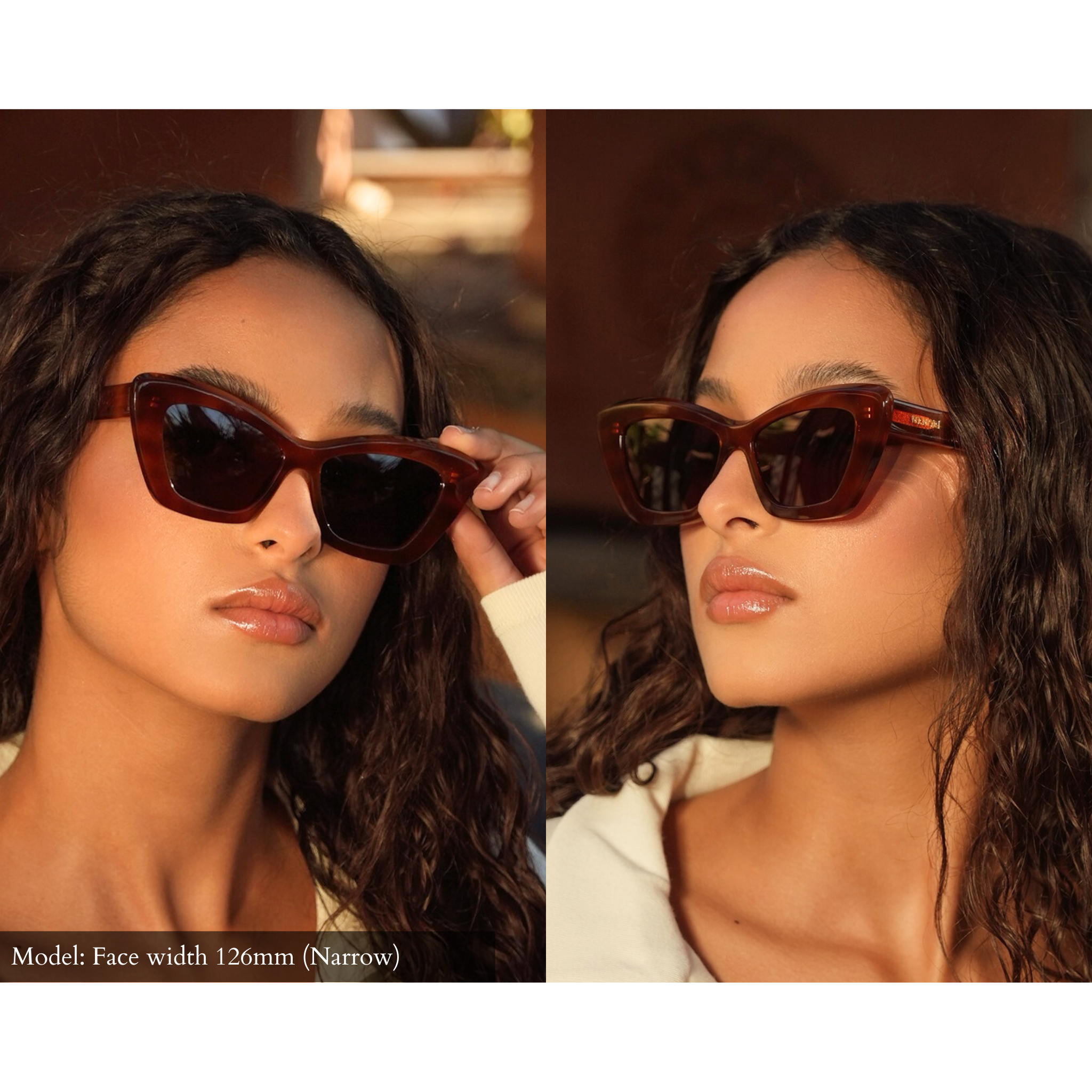 Model wearing tortoise pattern cat eye sunglasses designed with small fit for narrow face