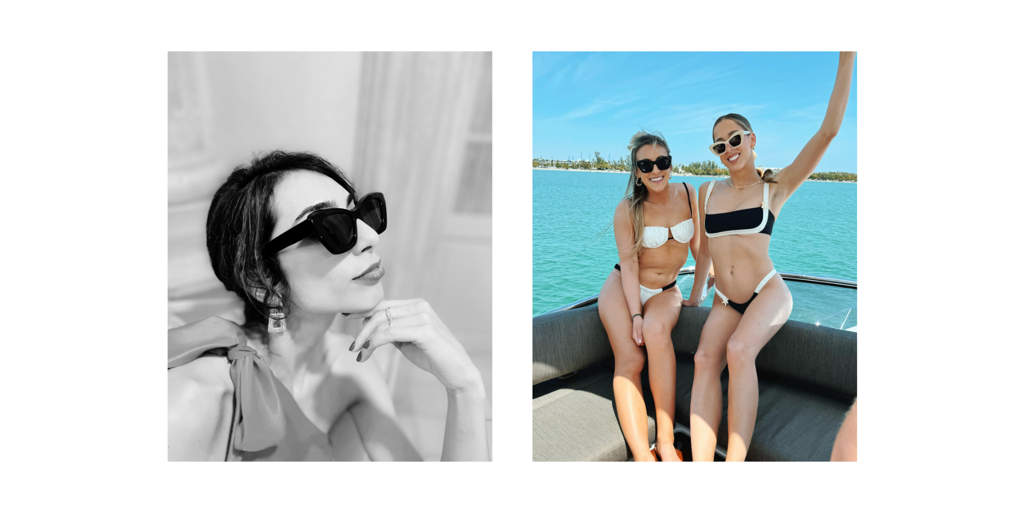 sophisticated looking women wearing Memorí cat eye sunglasses on a boat in Miami. 