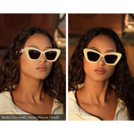 Memori sunglasses on a model with a small face, shown from two angles. The frame has a dramatic, elegant vibe and looks great on the model's narrow face. 